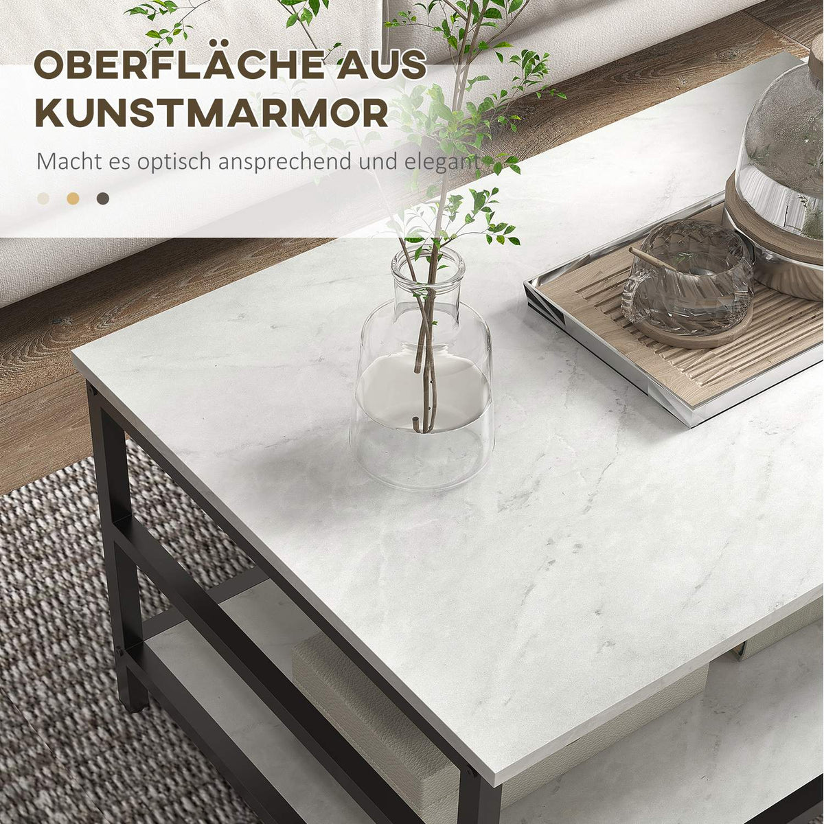 Coffee table set of 2 side tables, coffee table, sofa table in a modern design with a marble look for the living room, bedroom, steel
