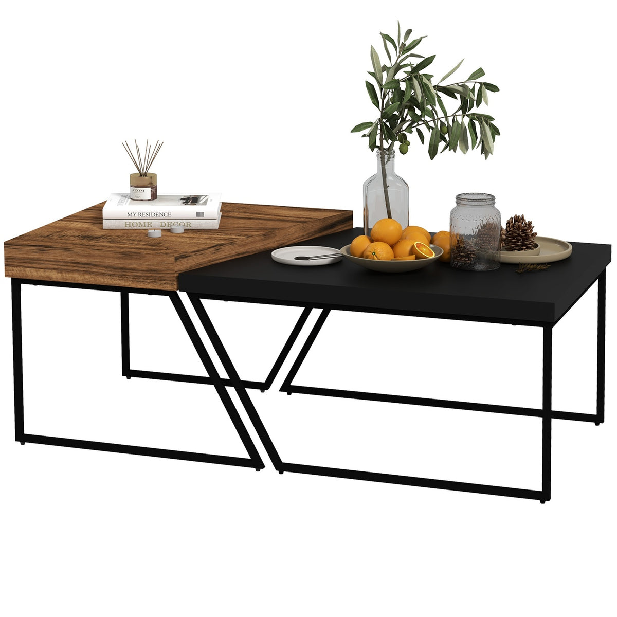 Coffee table set of 2 side tables with steel frame, geometric industrial design, living room table for bedroom, office, black