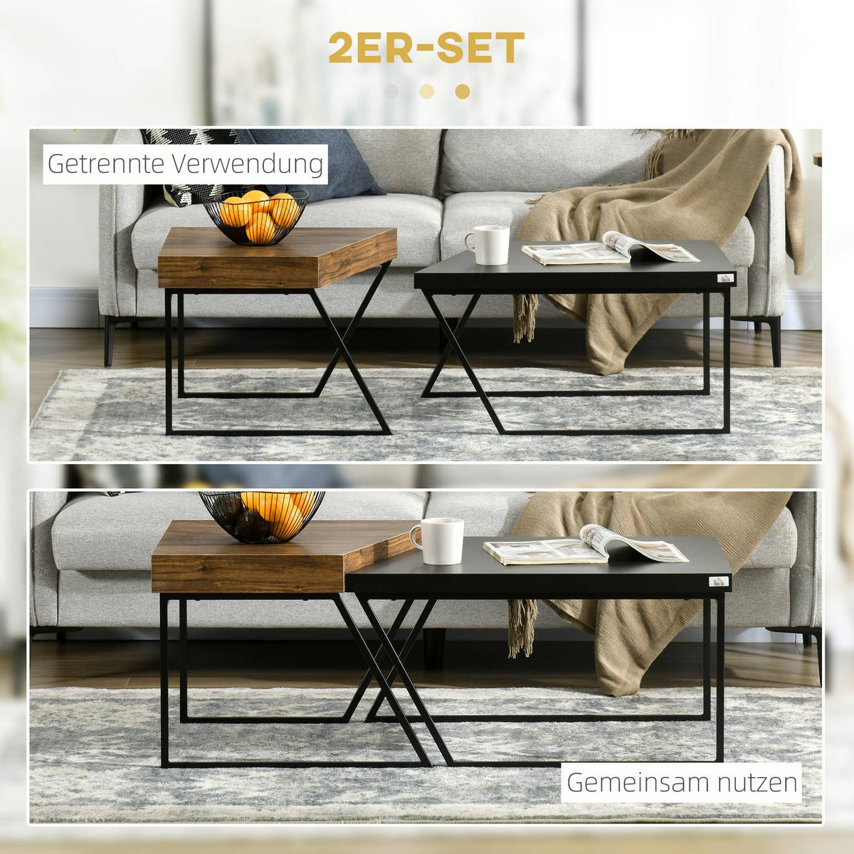 Coffee table set of 2 side tables with steel frame, geometric industrial design, living room table for bedroom, office, black