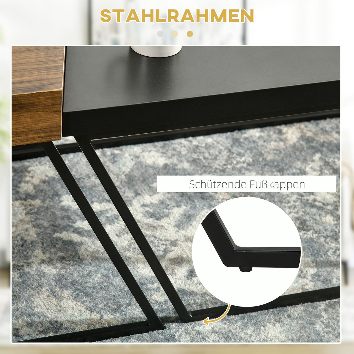 Coffee table set of 2 side tables with steel frame, geometric industrial design, living room table for bedroom, office, black