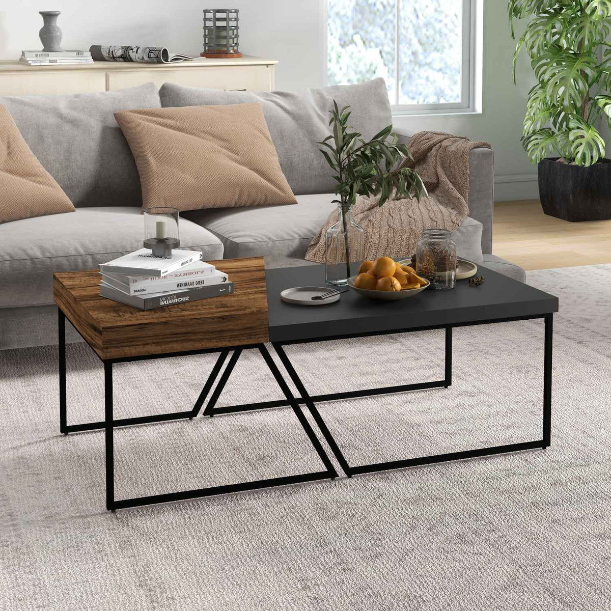 Coffee table set of 2 side tables with steel frame, geometric industrial design, living room table for bedroom, office, black