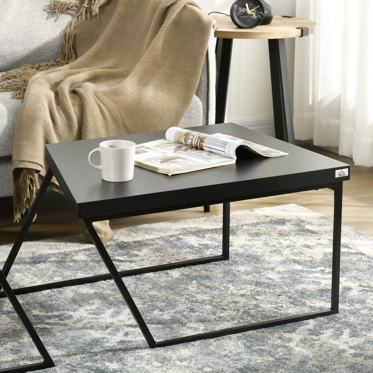 Coffee table set of 2 side tables with steel frame, geometric industrial design, living room table for bedroom, office, black