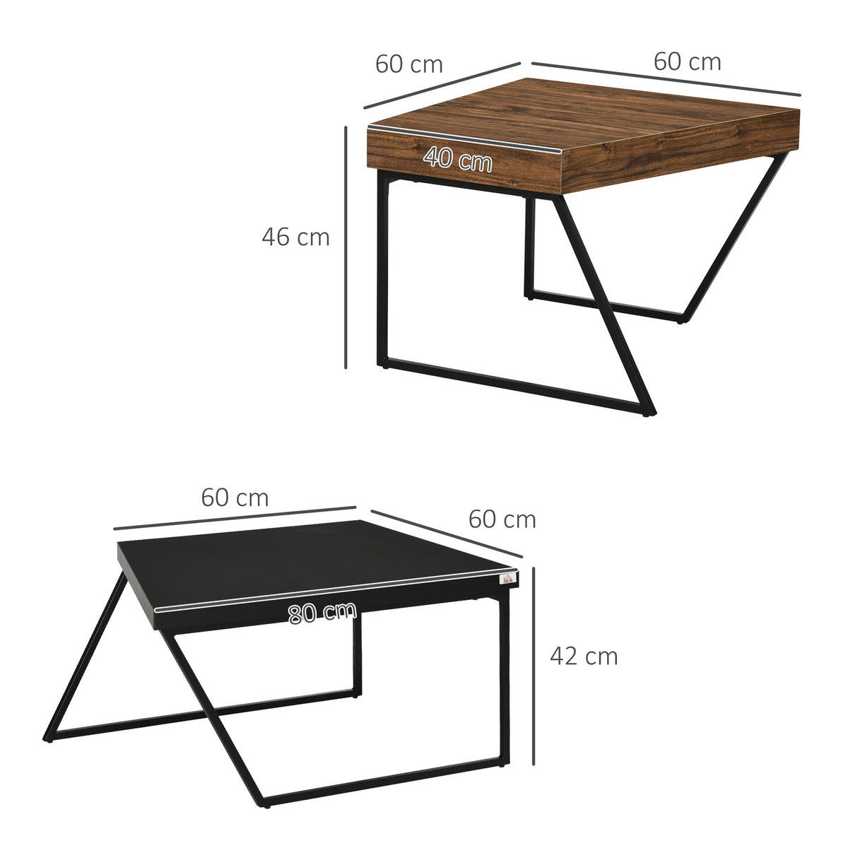 Coffee table set of 2 side tables with steel frame, geometric industrial design, living room table for bedroom, office, black
