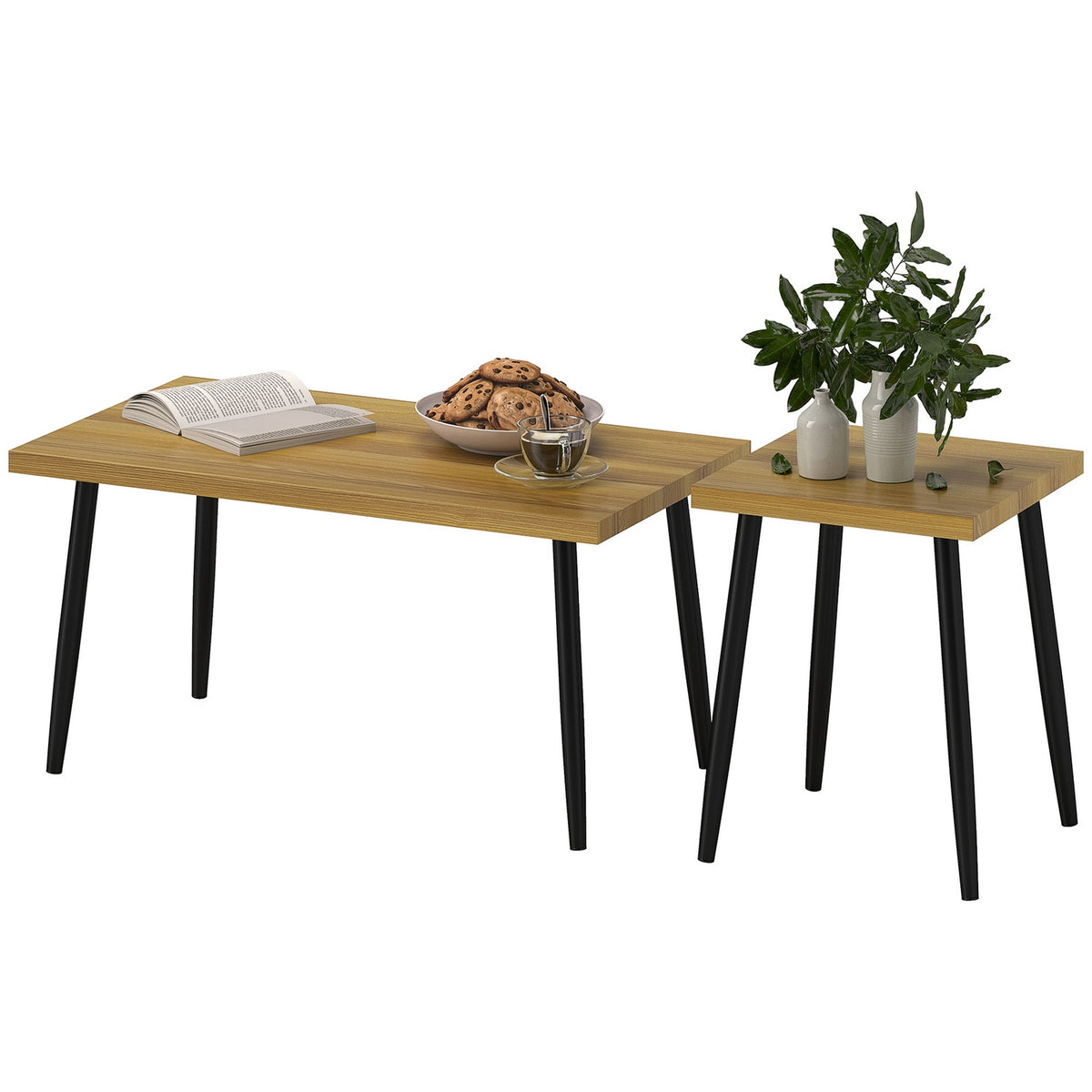 Coffee table set of 2 side tables with steel frame, living room table, coffee table for living room, bedroom, natural