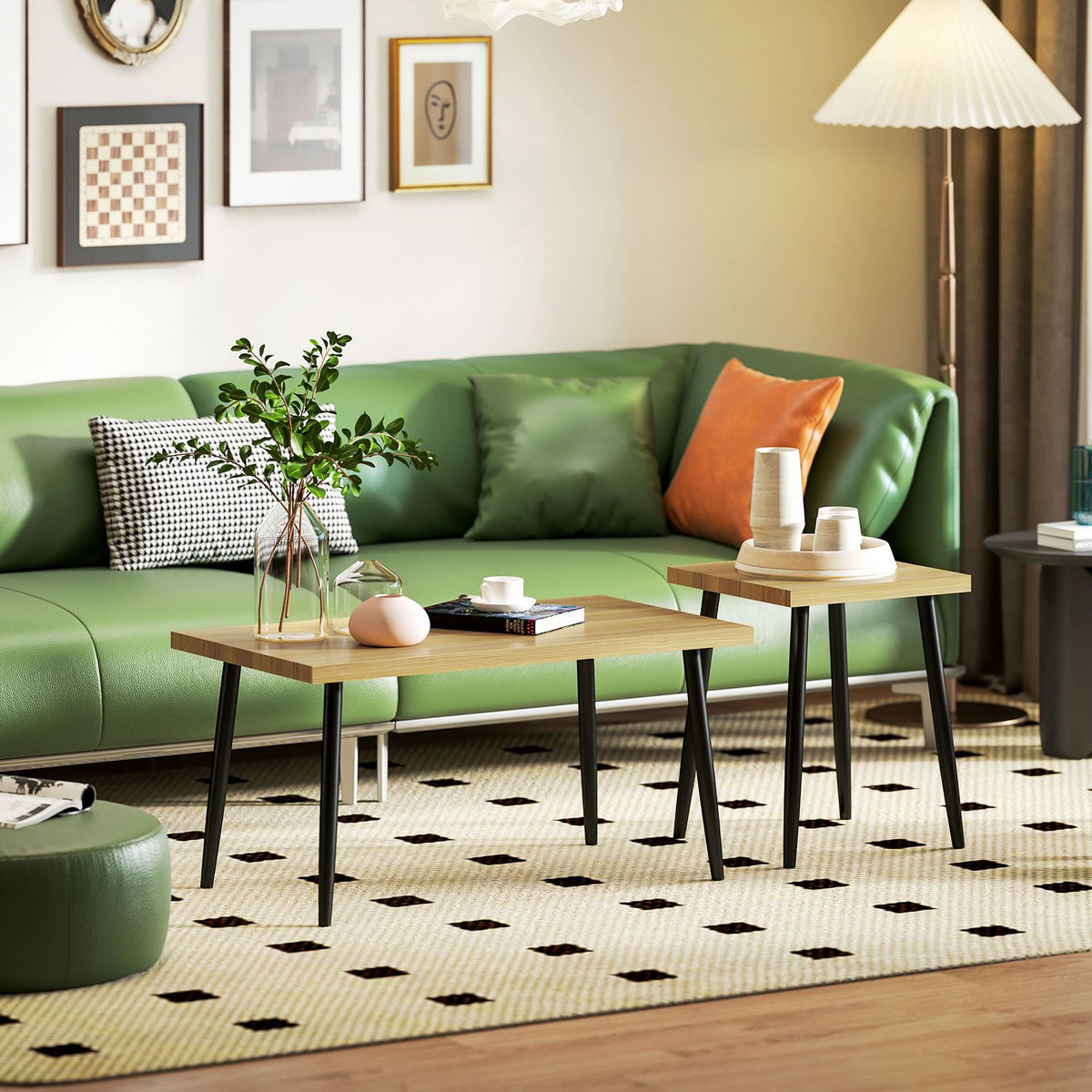 Coffee table set of 2 side tables with steel frame, living room table, coffee table for living room, bedroom, natural