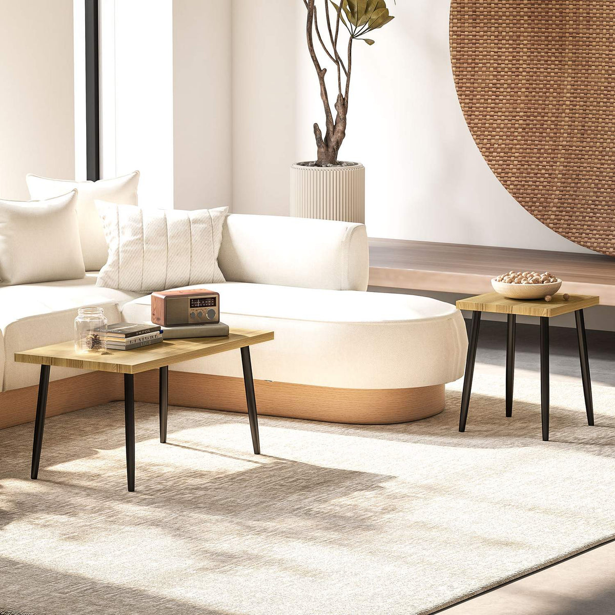 Coffee table set of 2 side tables with steel frame, living room table, coffee table for living room, bedroom, natural