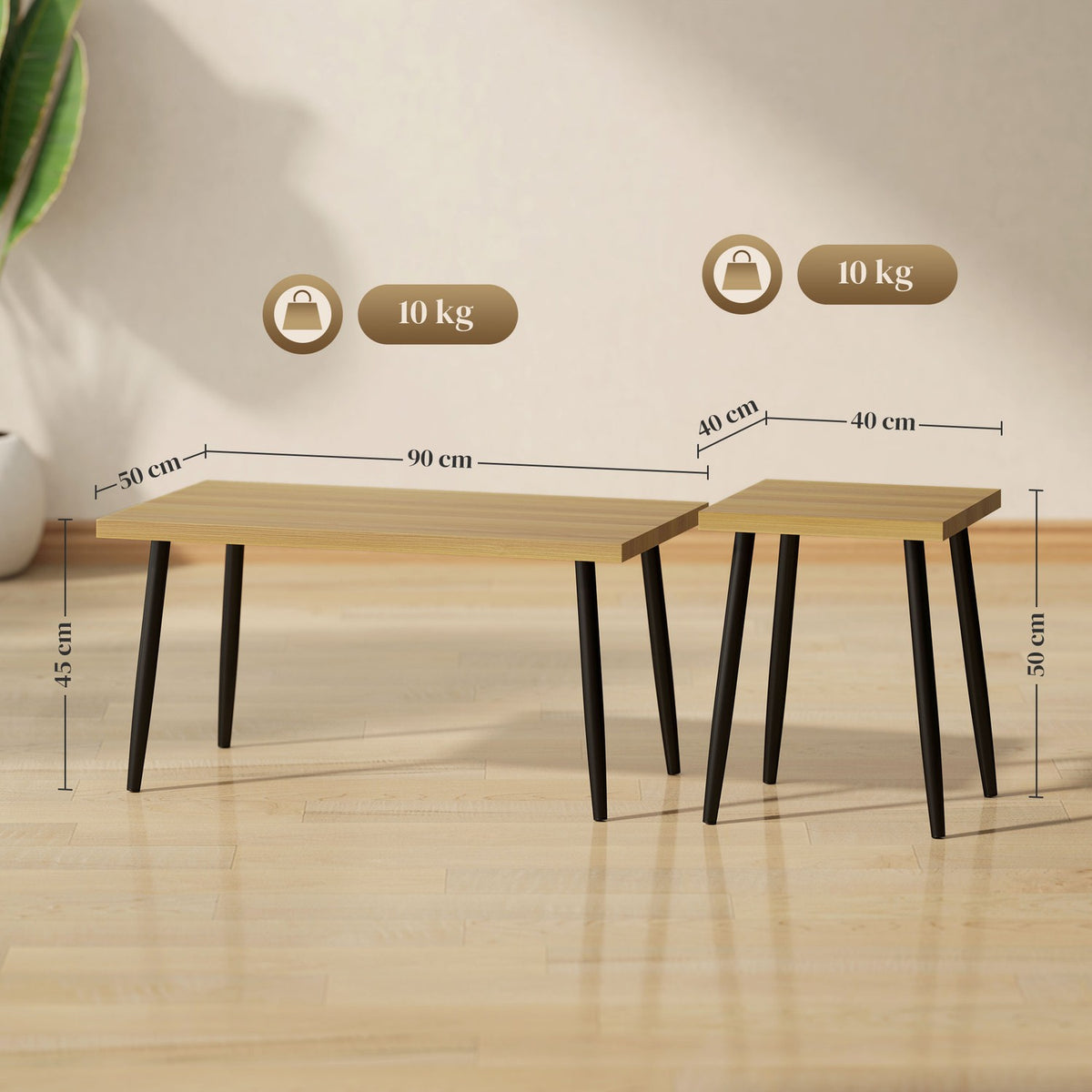 Coffee table set of 2 side tables with steel frame, living room table, coffee table for living room, bedroom, natural