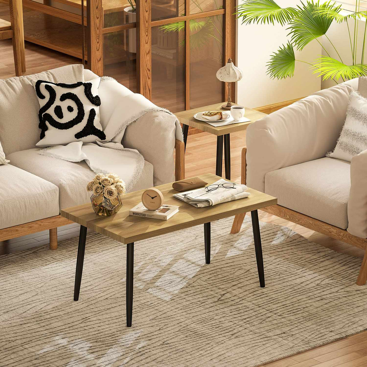 Coffee table set of 2 side tables with steel frame, living room table, coffee table for living room, bedroom, natural