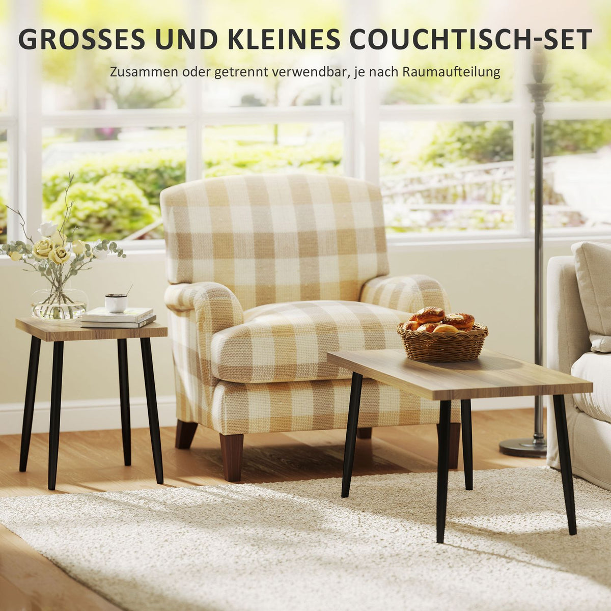 Coffee table set of 2 side tables with steel frame, living room table, coffee table for living room, bedroom, natural