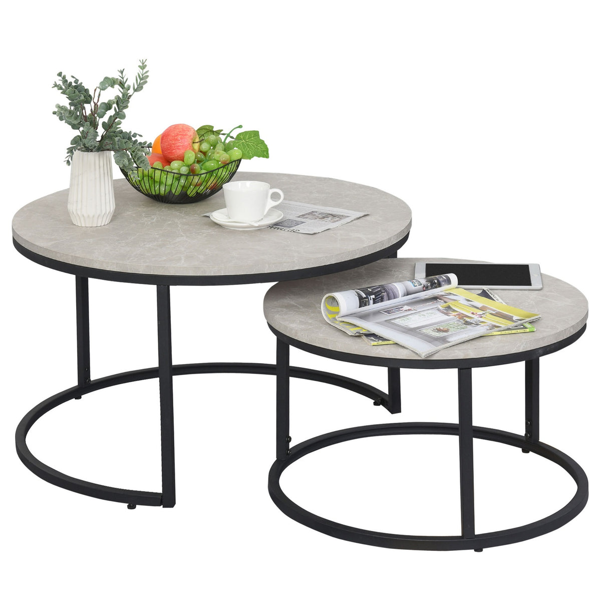 Coffee table set of 2, side table with metal frame, sofa table, stackable coffee table, for living room, bedroom, gray
