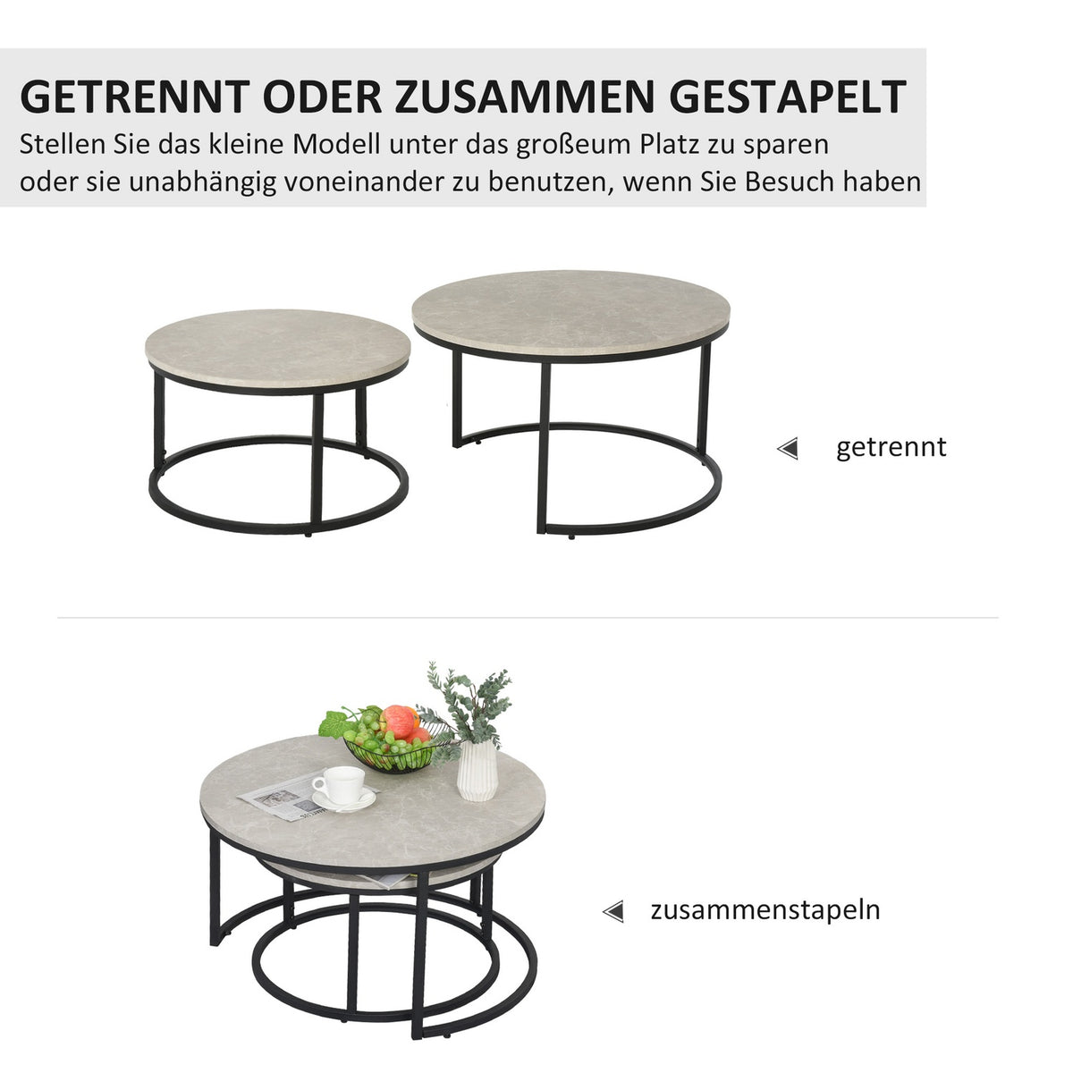 Coffee table set of 2, side table with metal frame, sofa table, stackable coffee table, for living room, bedroom, gray
