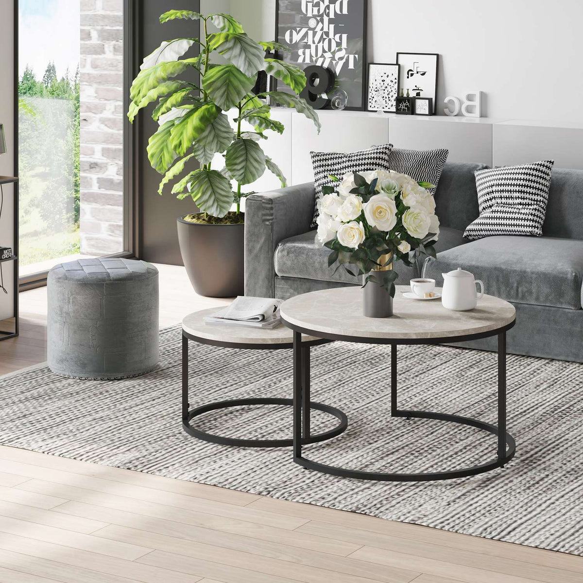 Coffee table set of 2, side table with metal frame, sofa table, stackable coffee table, for living room, bedroom, gray