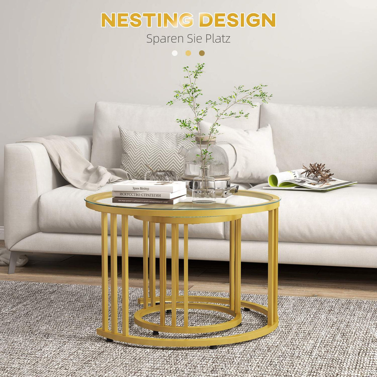 Coffee table set of 2, stackable side table with steel frame, coffee table, living room table for office, bedroom, gold