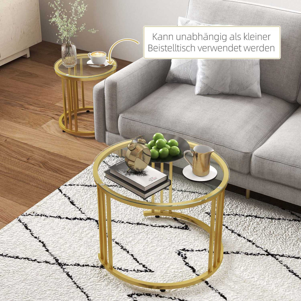 Coffee table set of 2, stackable side table with steel frame, coffee table, living room table for office, bedroom, gold