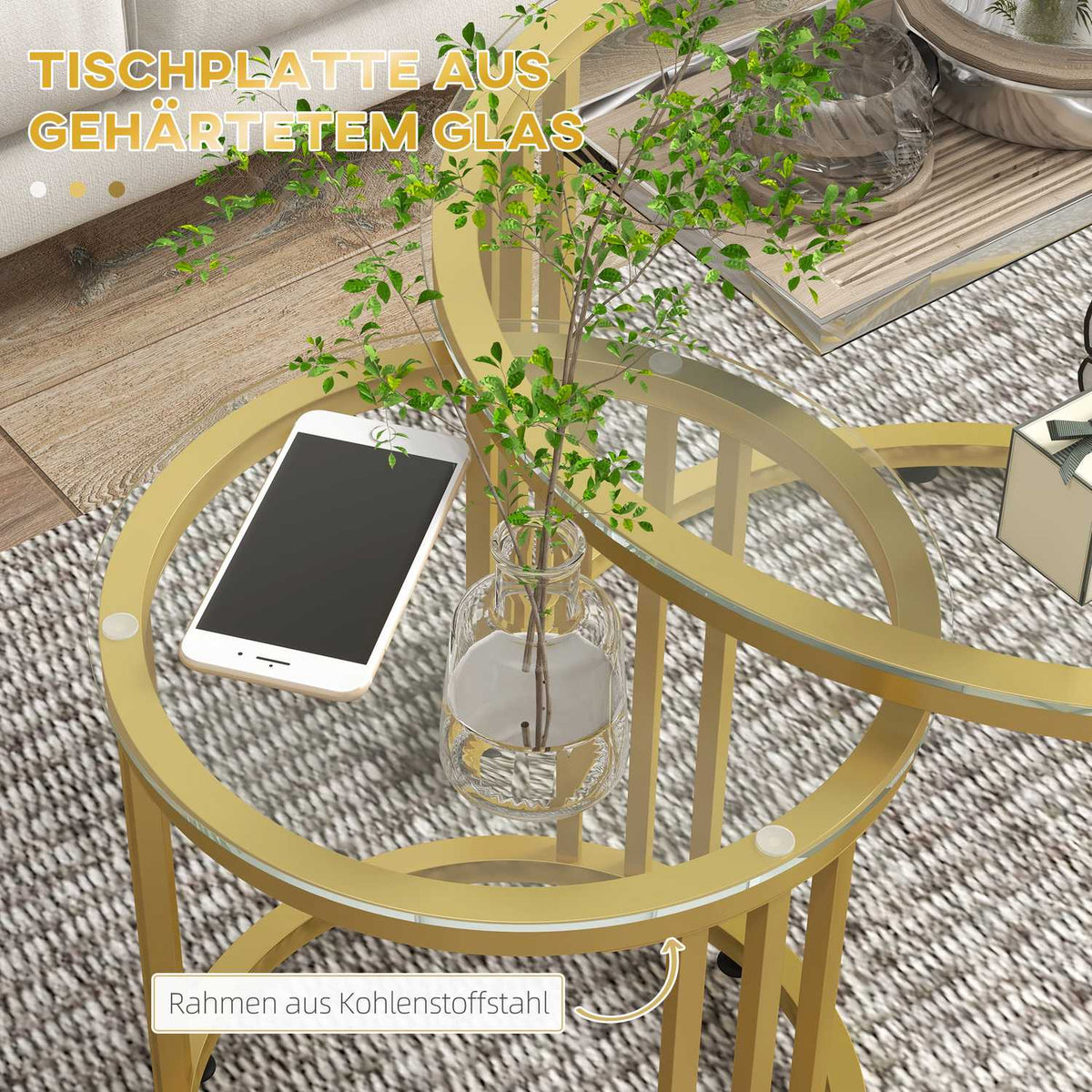 Coffee table set of 2, stackable side table with steel frame, coffee table, living room table for office, bedroom, gold