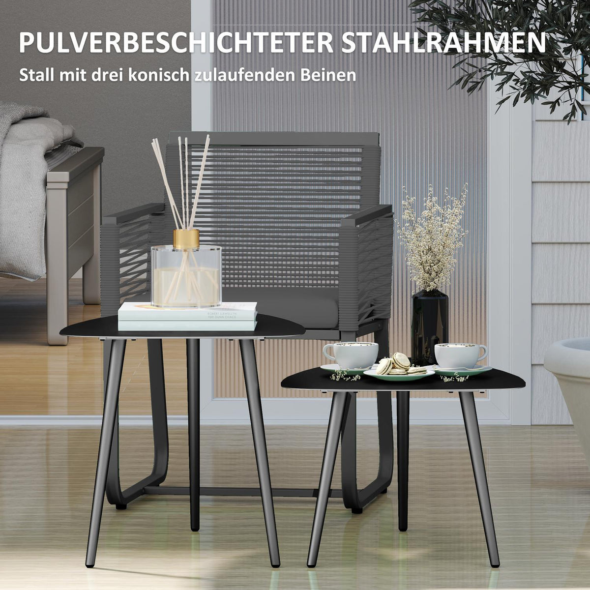 Coffee table set of 2, weatherproof balcony table made of steel, side table in geometric design, coffee table outdoor, garden table, patio table for garden, terrace, balcony, black