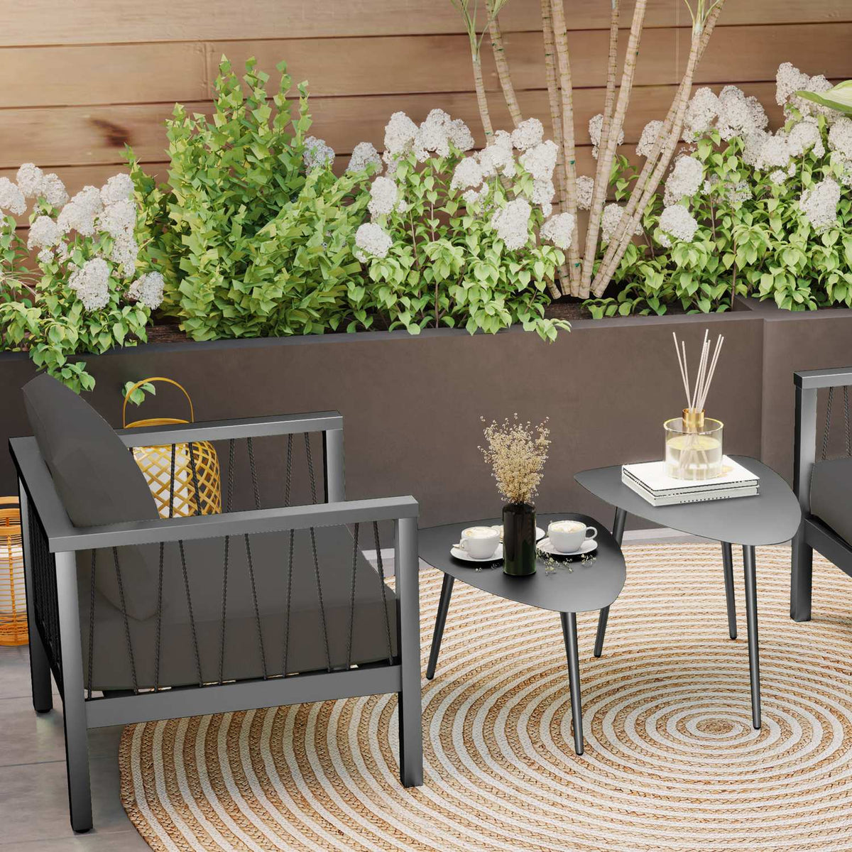 Coffee table set of 2, weatherproof balcony table made of steel, side table in geometric design, coffee table outdoor, garden table, patio table for garden, terrace, balcony, black