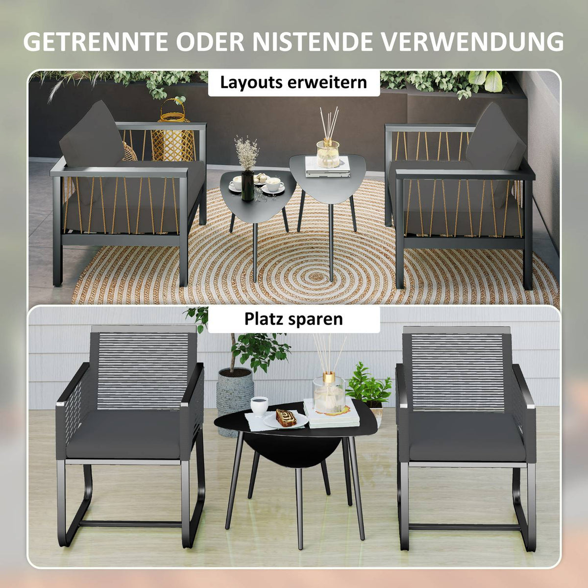 Coffee table set of 2, weatherproof balcony table made of steel, side table in geometric design, coffee table outdoor, garden table, patio table for garden, terrace, balcony, black