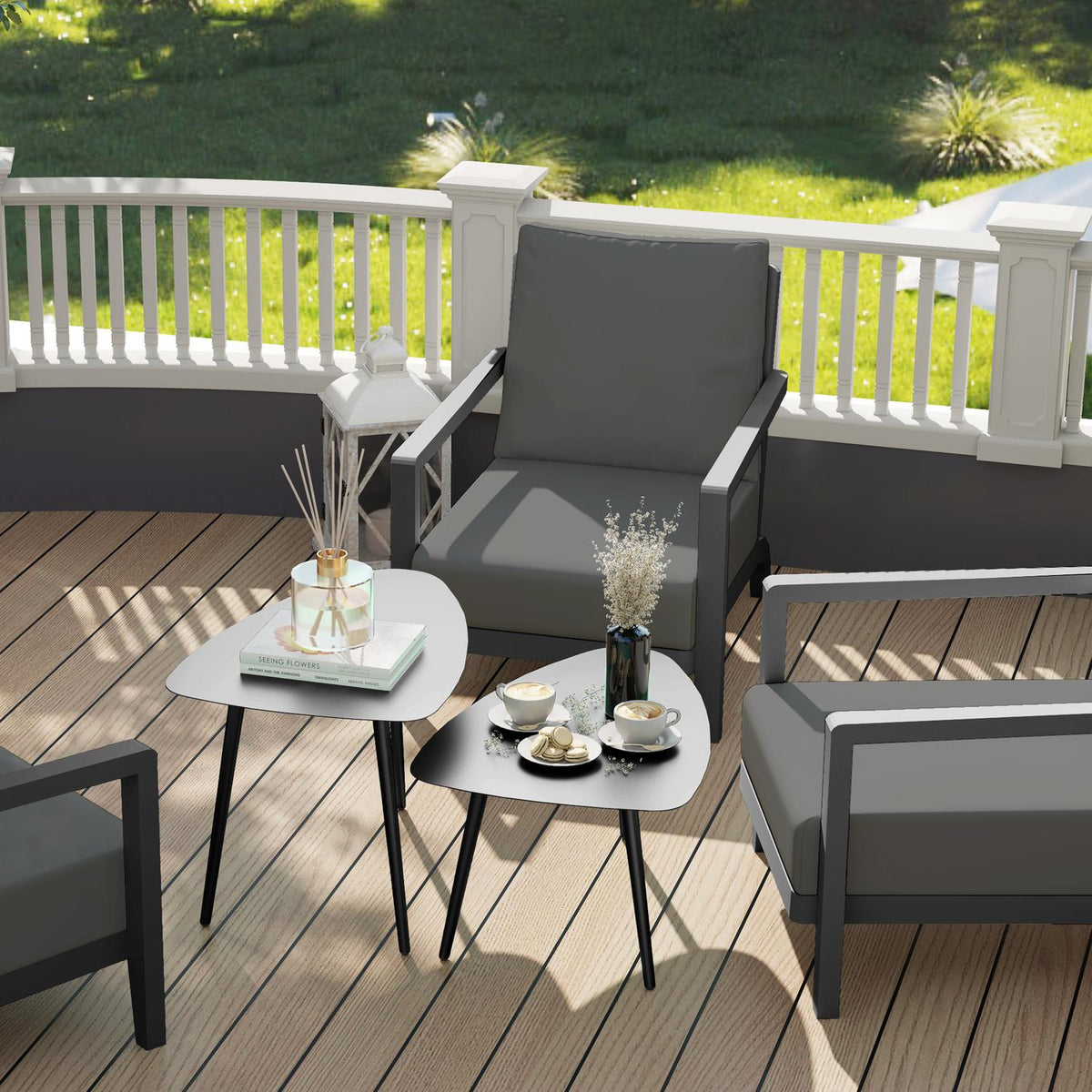 Coffee table set of 2, weatherproof balcony table made of steel, side table in geometric design, coffee table outdoor, garden table, patio table for garden, terrace, balcony, black