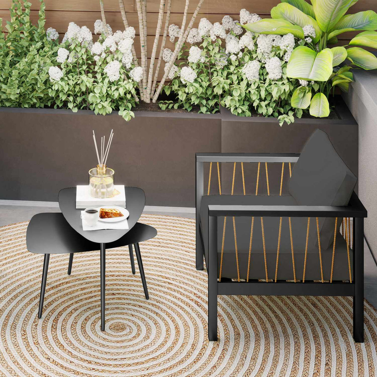 Coffee table set of 2, weatherproof balcony table made of steel, side table in geometric design, coffee table outdoor, garden table, patio table for garden, terrace, balcony, black
