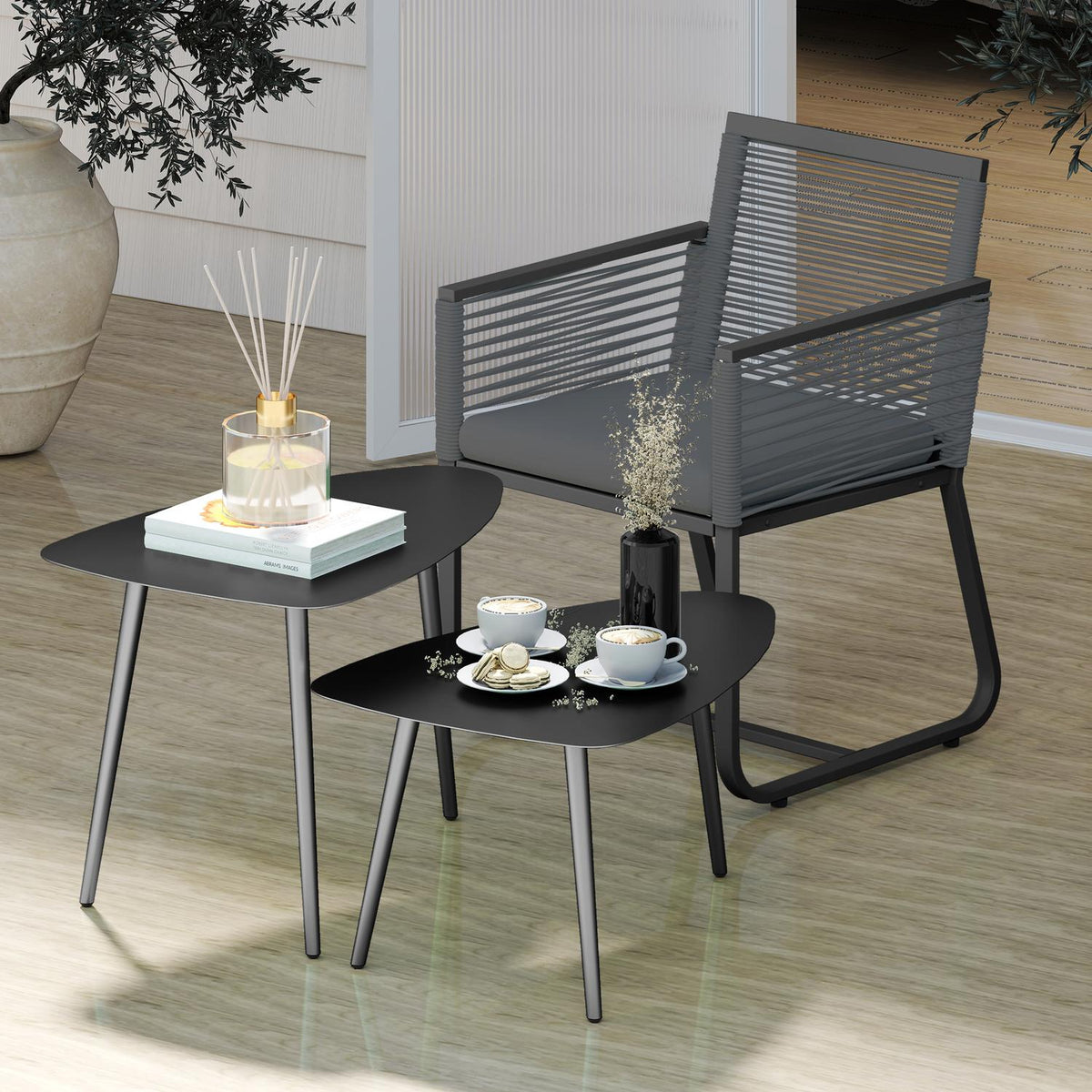 Coffee table set of 2, weatherproof balcony table made of steel, side table in geometric design, coffee table outdoor, garden table, patio table for garden, terrace, balcony, black