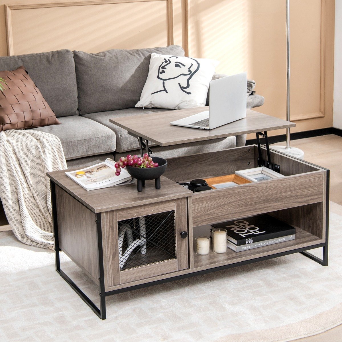 Coffee table with lifting plate, center table with pneumatic lifting device 106 x 55 x 44.5 cm grey