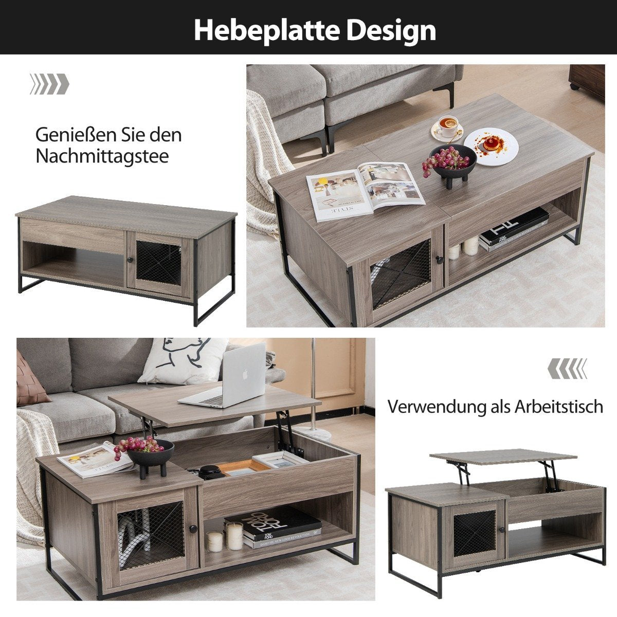 Coffee table with lifting plate, center table with pneumatic lifting device 106 x 55 x 44.5 cm grey