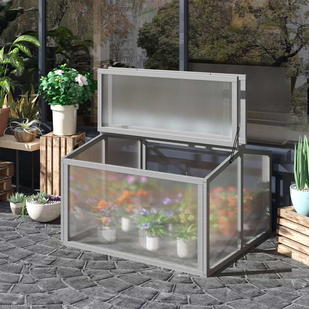 Cold Frame Greenhouse Greenhouse Cold Frame Box Plant Bed With Cover Made Of Wood And Polycarbonate Weatherproof Light Gray 90 X 80 X 58 Cm