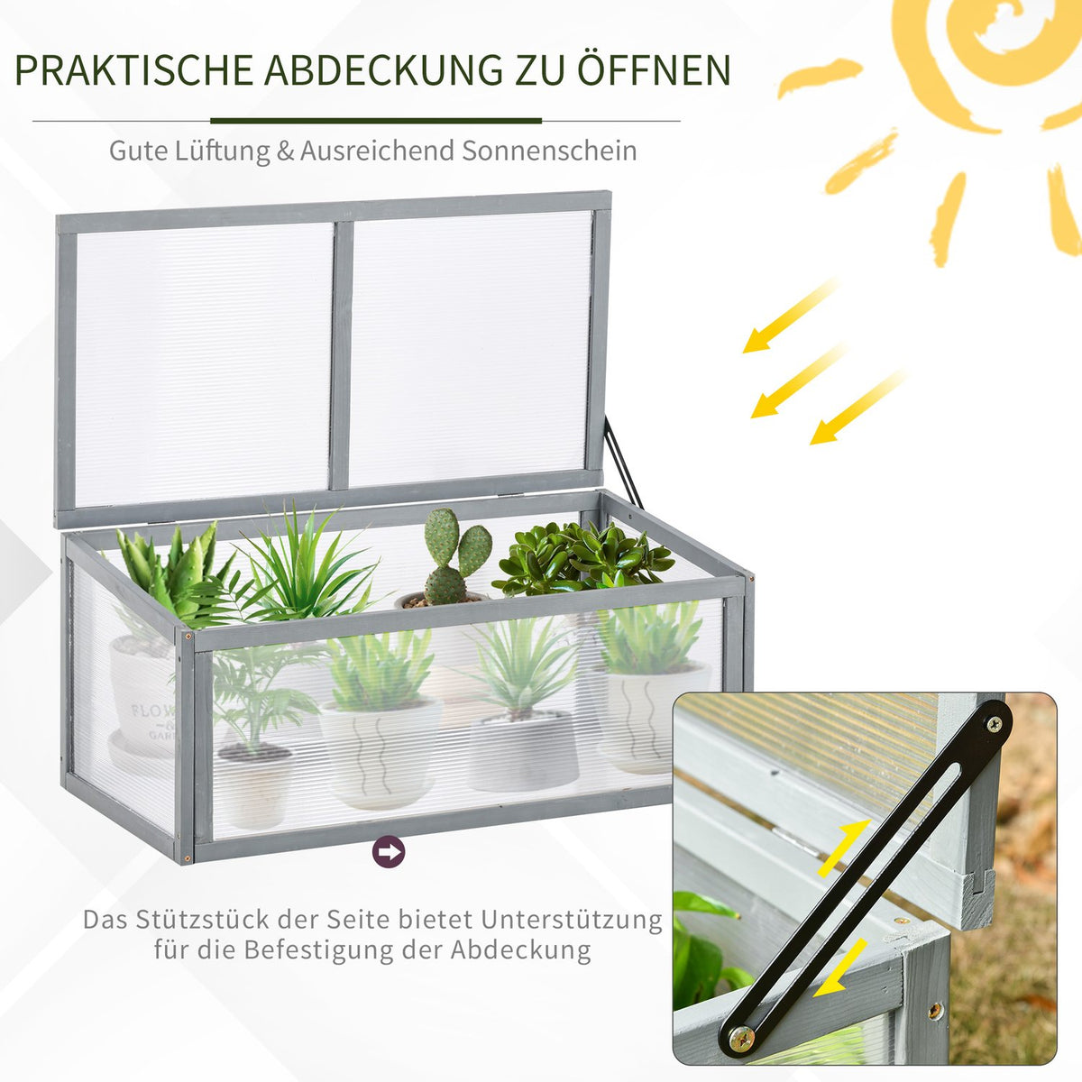 Cold Frame Greenhouse With Cover, Weatherproof, Made Of Wood And Polycarbonate, Grey, 90X46X40Cm