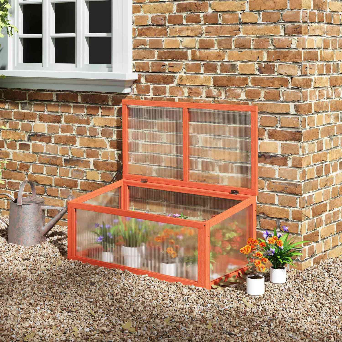 Cold Frame Greenhouse With Cover, Weatherproof, Made Of Wood And Polycarbonate, Orange, 90X46X40Cm