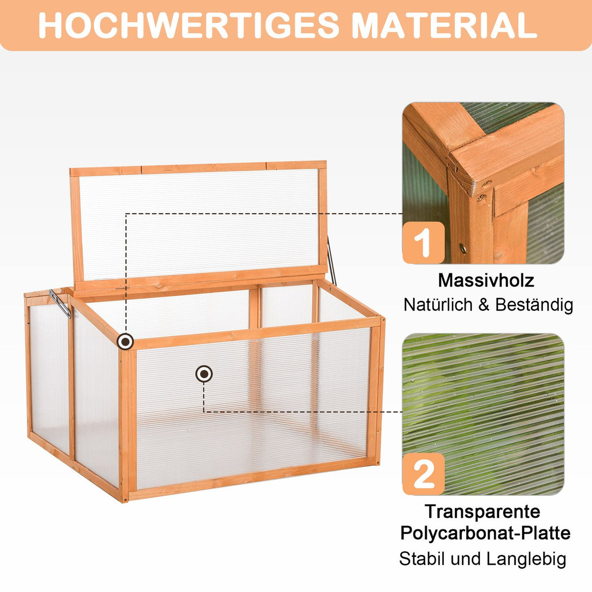 Cold Frame Greenhouse With Cover, Weatherproof, Made Of Wood And Polycarbonate, Orange, 90X80X58Cm