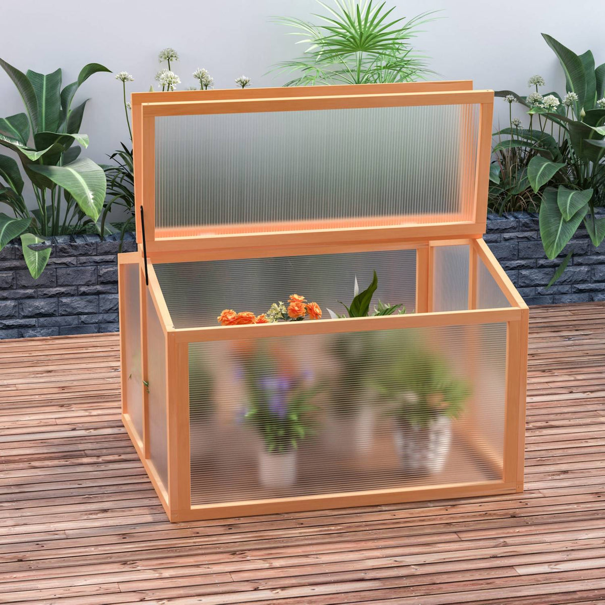 Cold Frame Greenhouse With Cover, Weatherproof, Made Of Wood And Polycarbonate, Orange, 90X80X58Cm