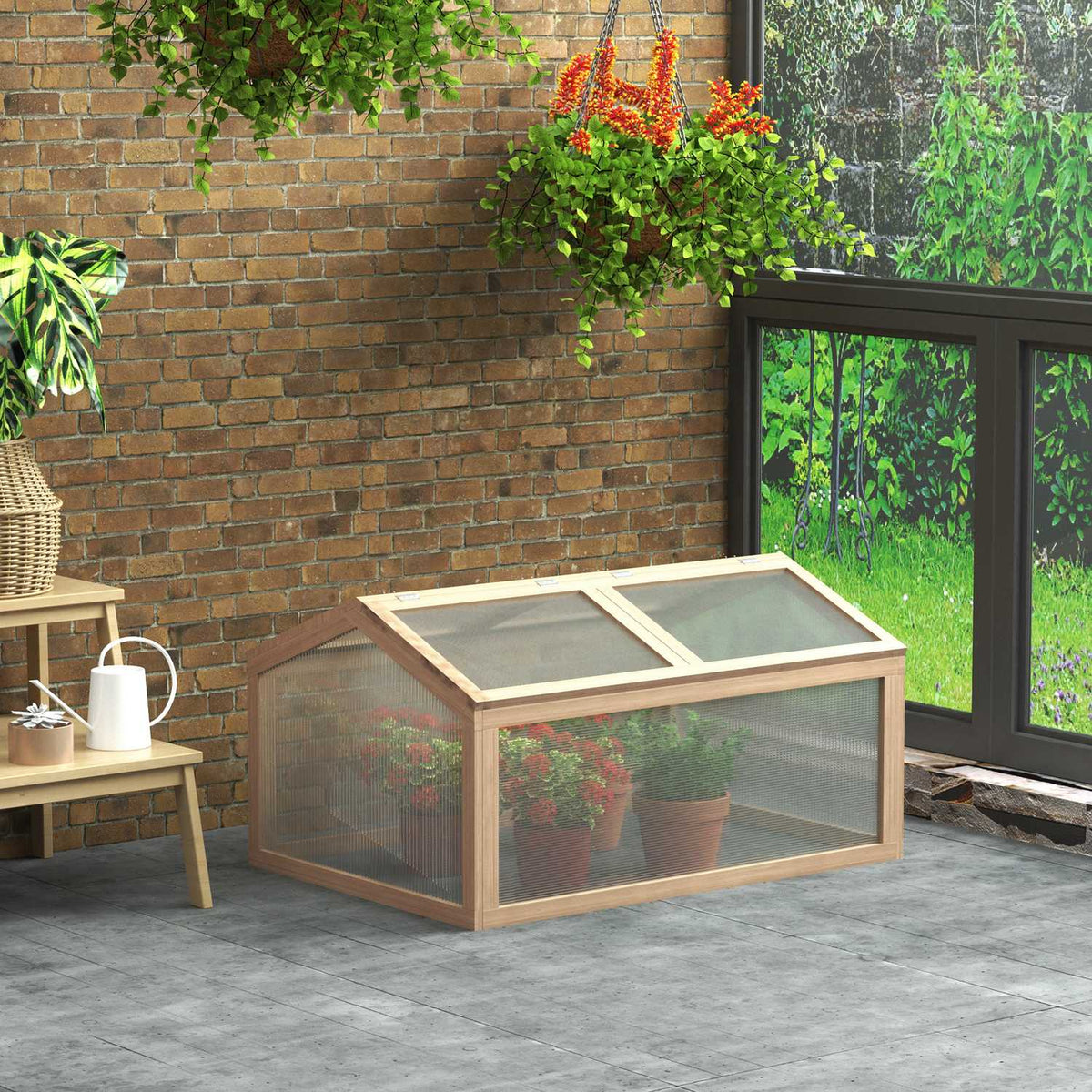 Cold Frame Greenhouse With Wooden Polycarbonate Cover, Weatherproof, Natural, 102X71X53Cm