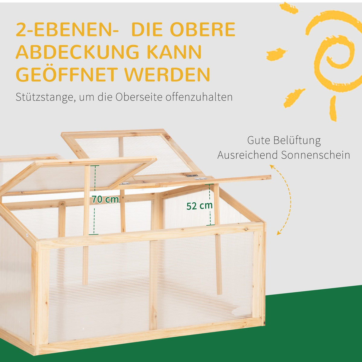 Cold Frame Greenhouse With Wooden Polycarbonate Cover, Weatherproof, Natural, 102X71X53Cm