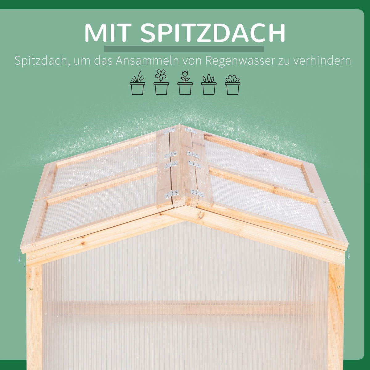 Cold Frame Greenhouse With Wooden Polycarbonate Cover, Weatherproof, Natural, 102X71X53Cm