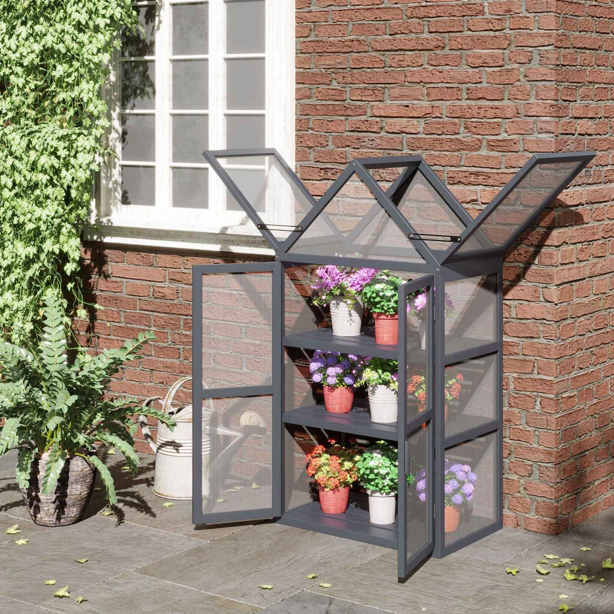 Cold frame mini greenhouse 3 levels greenhouse plant bed with hinged roof double doors made of natural wood 70.5 x 42 x 132 cm
