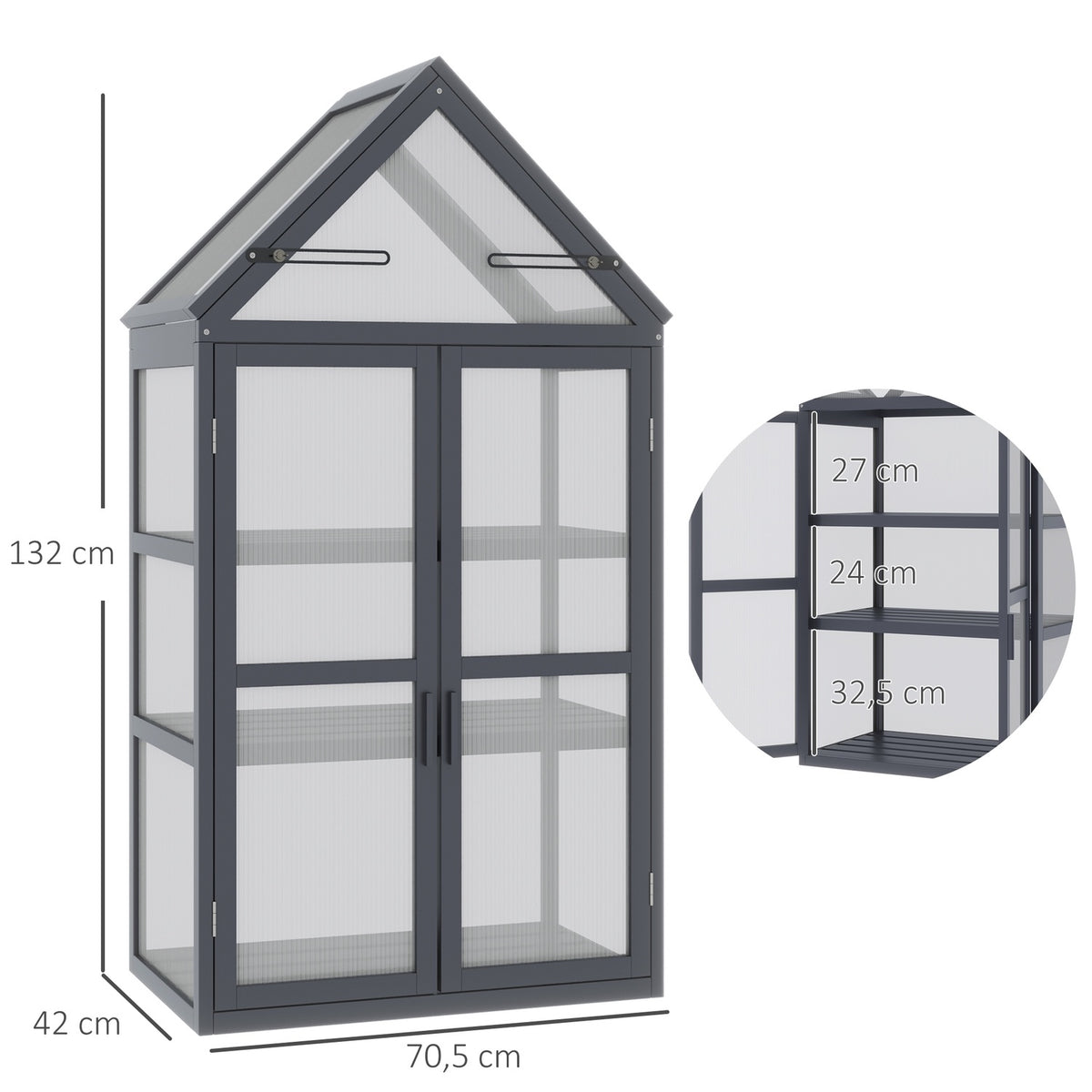 Cold frame mini greenhouse 3 levels greenhouse plant bed with hinged roof double doors made of natural wood 70.5 x 42 x 132 cm