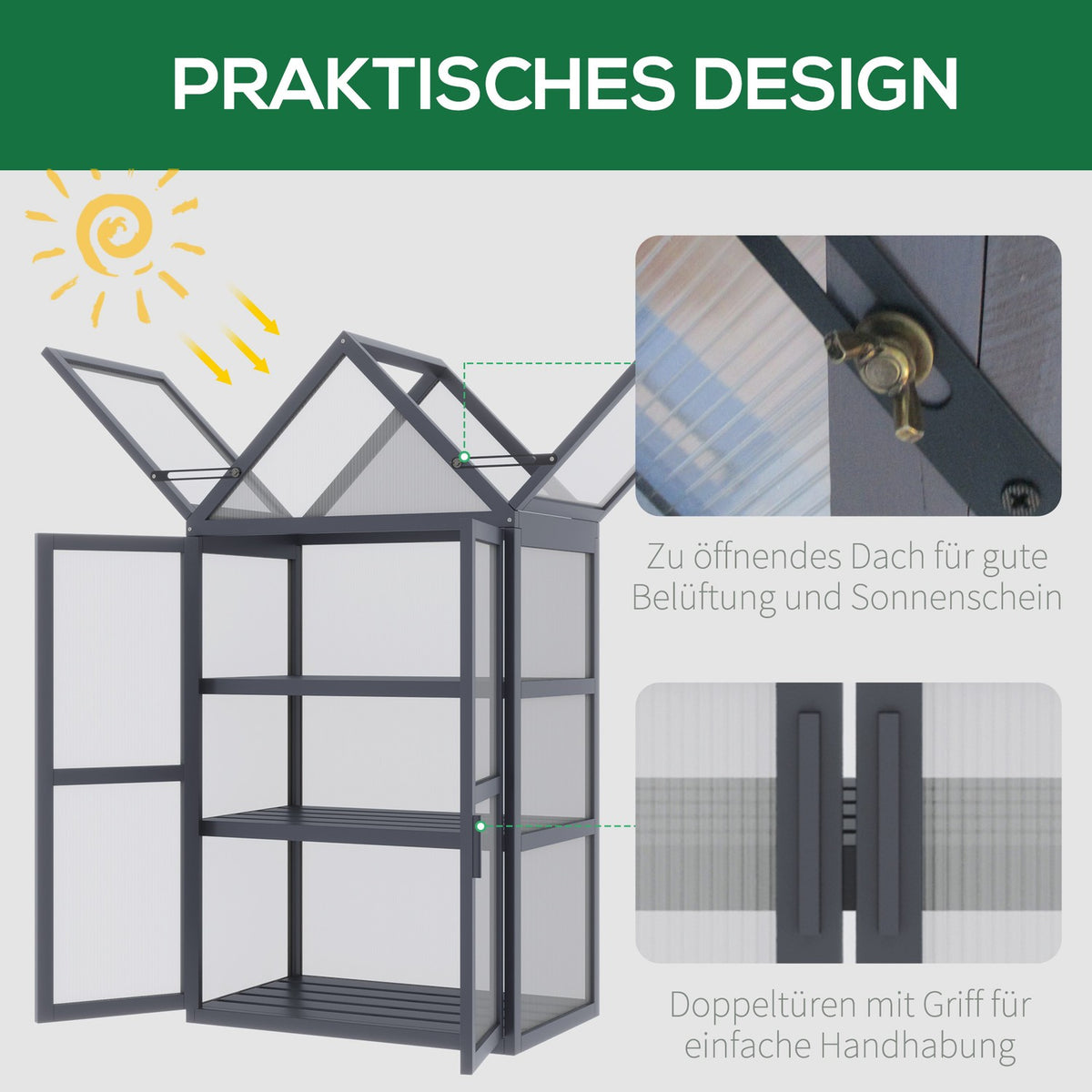 Cold frame mini greenhouse 3 levels greenhouse plant bed with hinged roof double doors made of natural wood 70.5 x 42 x 132 cm