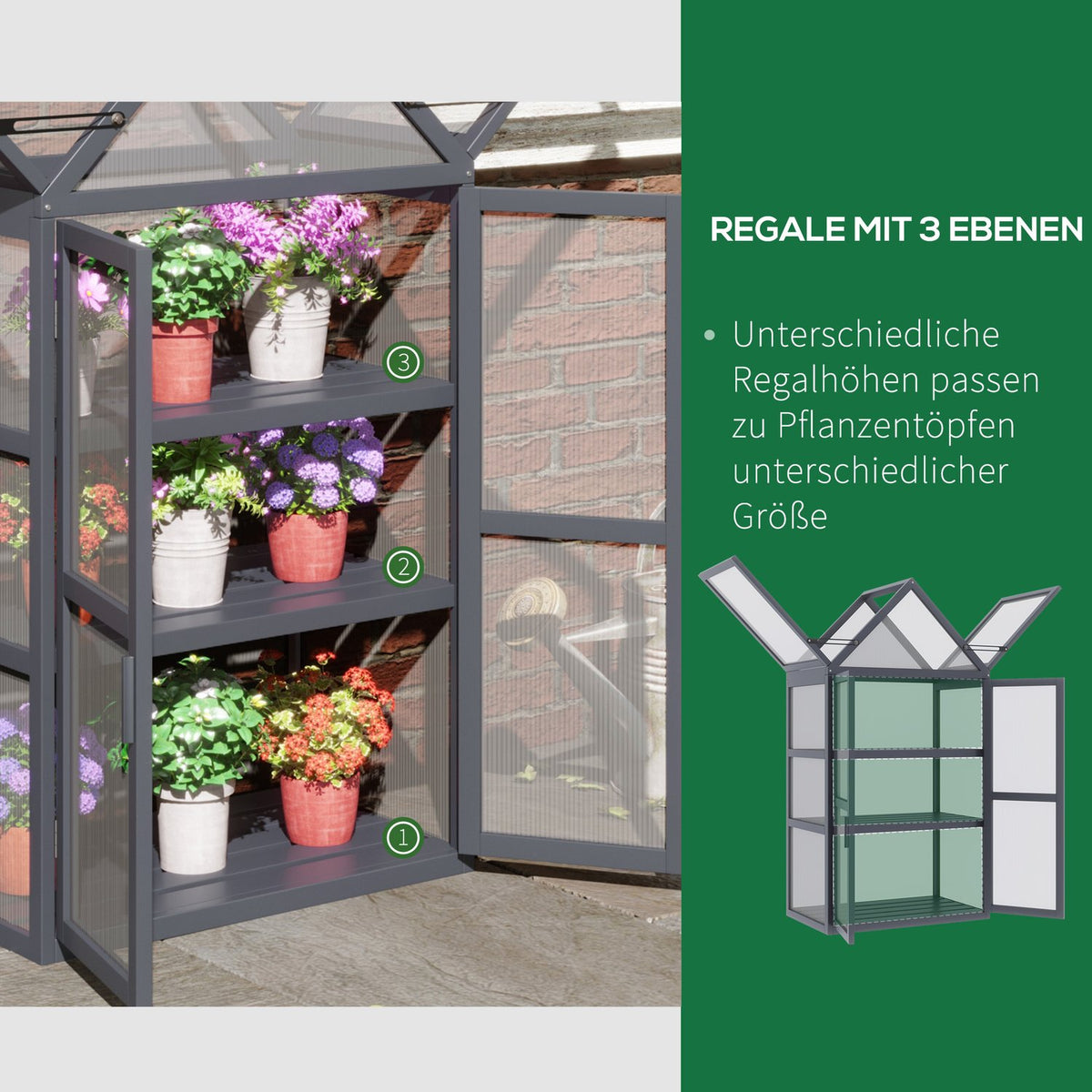 Cold frame mini greenhouse 3 levels greenhouse plant bed with hinged roof double doors made of natural wood 70.5 x 42 x 132 cm