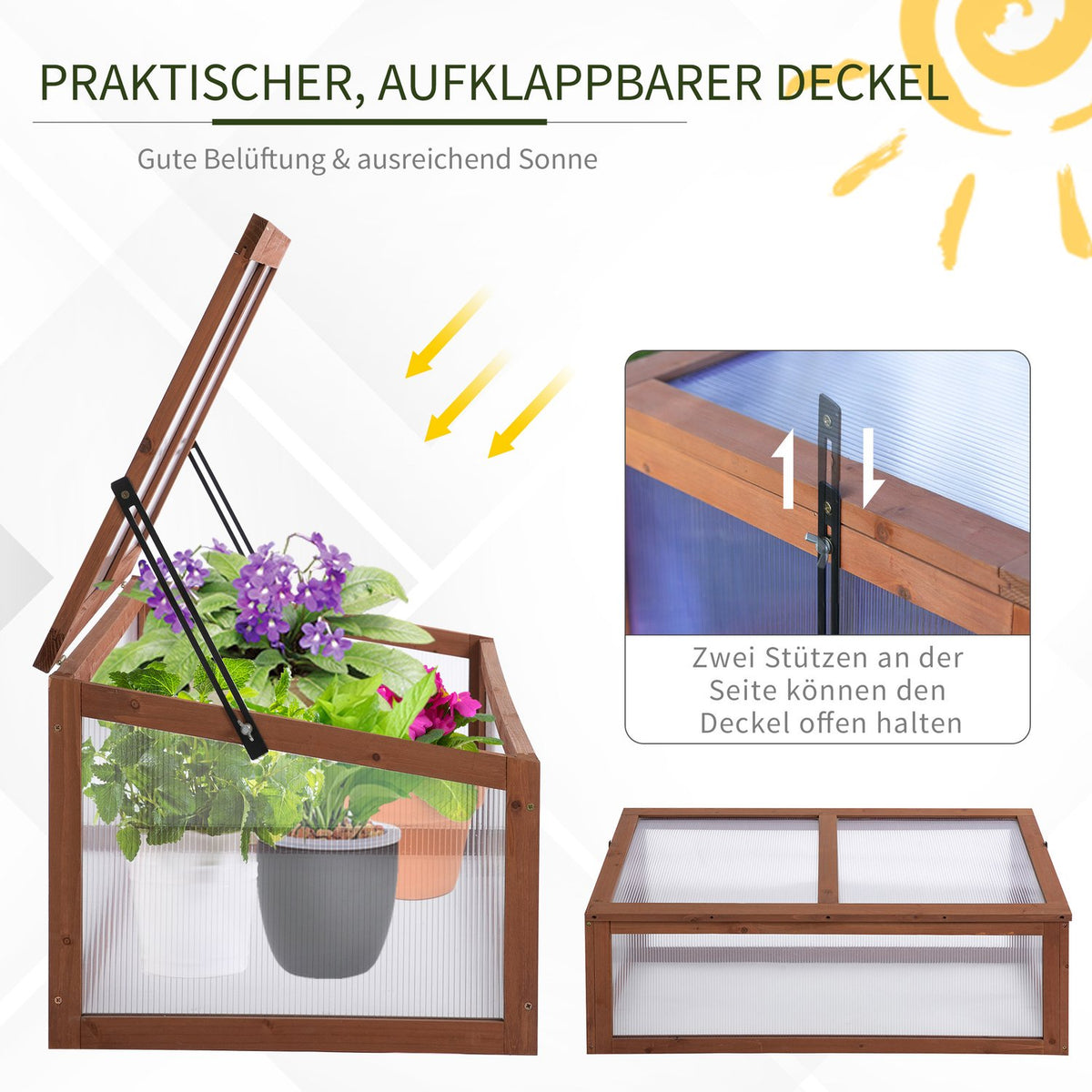 Cold frame wood, mini greenhouse 100 x 65 x 40 cm, greenhouse with cover, UV protection, translucent cold frame box, winterproof raised bed for garden, brown