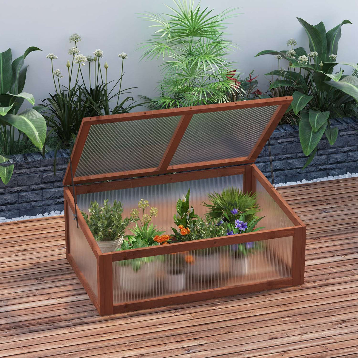 Cold frame wood, mini greenhouse 100 x 65 x 40 cm, greenhouse with cover, UV protection, translucent cold frame box, winterproof raised bed for garden, brown