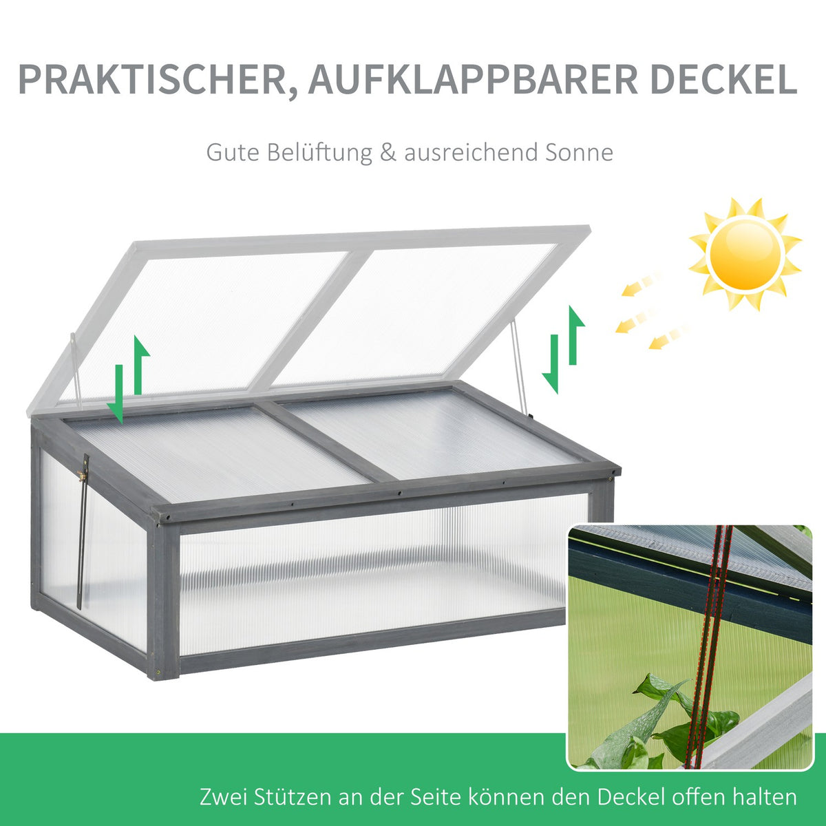 Cold frame wood, mini greenhouse 100 x 65 x 40 cm, greenhouse with cover, UV protection, translucent cold frame box, winterproof raised bed for garden, gray