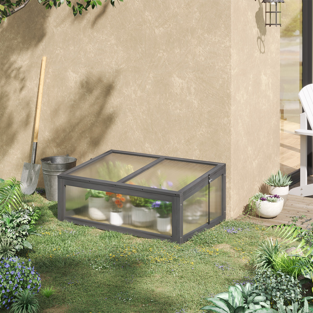 Cold frame wood, mini greenhouse 100 x 65 x 40 cm, greenhouse with cover, UV protection, translucent cold frame box, winterproof raised bed for garden, gray