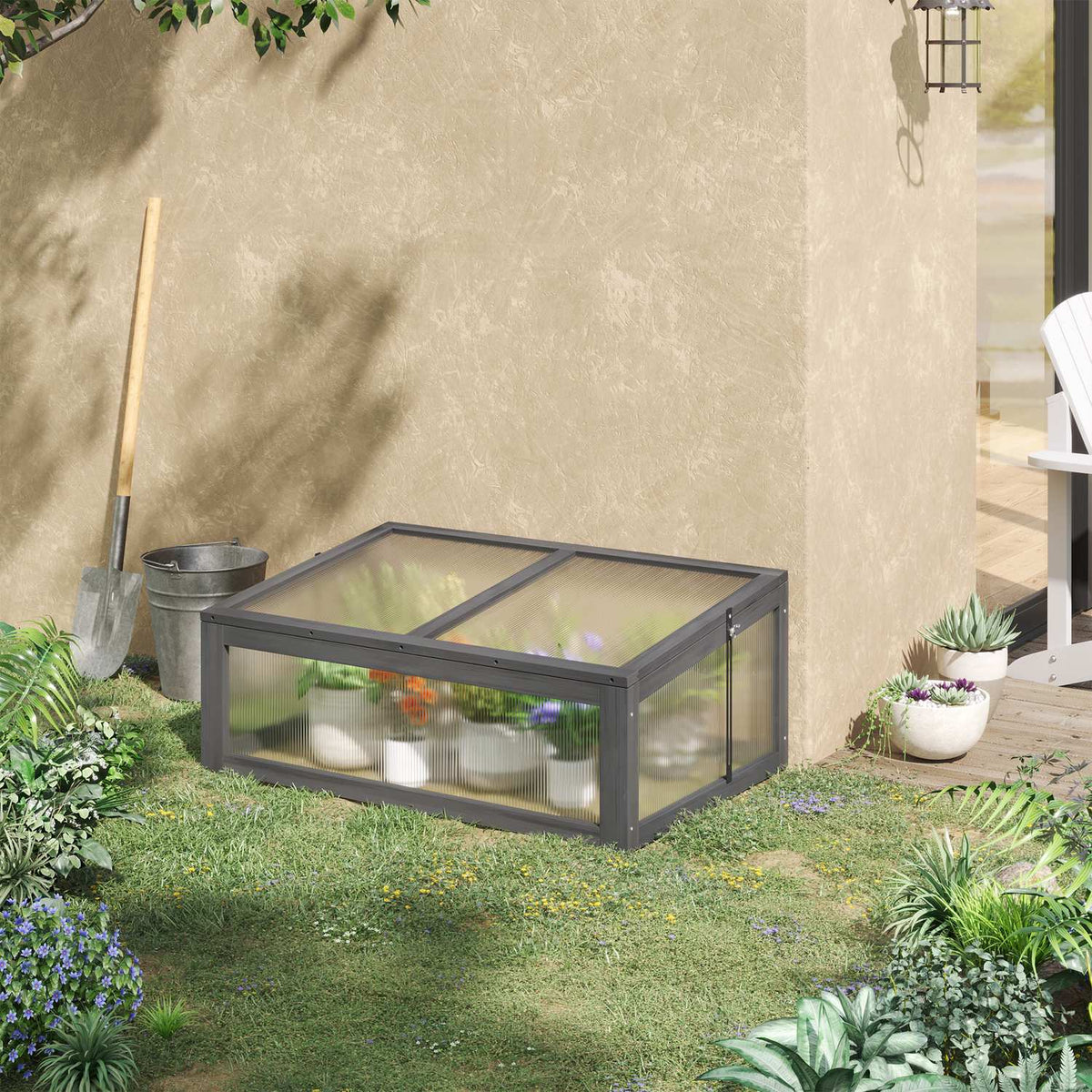 Cold frame wood, mini greenhouse 100 x 65 x 40 cm, greenhouse with cover, UV protection, translucent cold frame box, winterproof raised bed for garden, gray