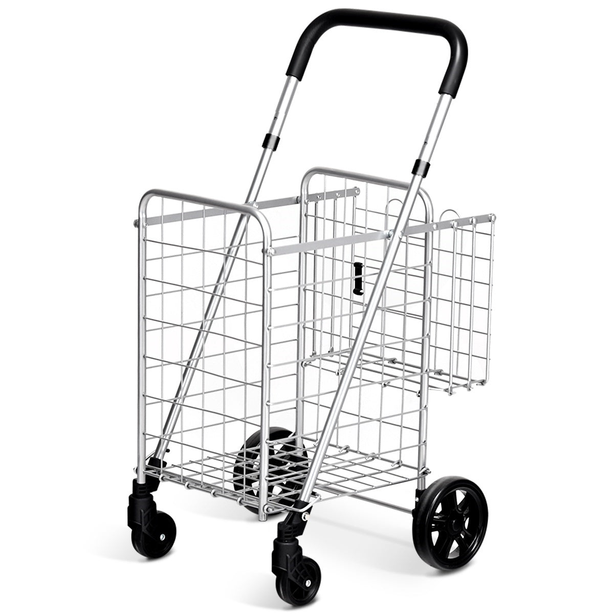 Collapsible Shopping Cart with Dual Basket, Adjustable Handle