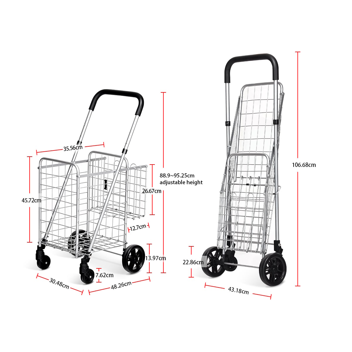 Collapsible Shopping Cart with Dual Basket, Adjustable Handle