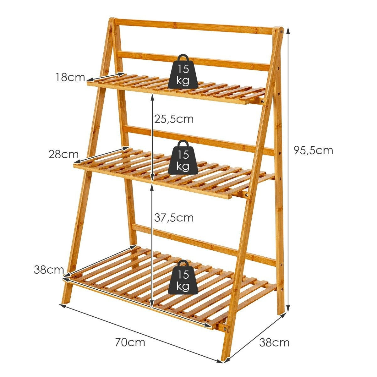 Collapsible plant stand made of bamboo 3-tier ladder shelf 70 x 38 x 95.5 cm natural