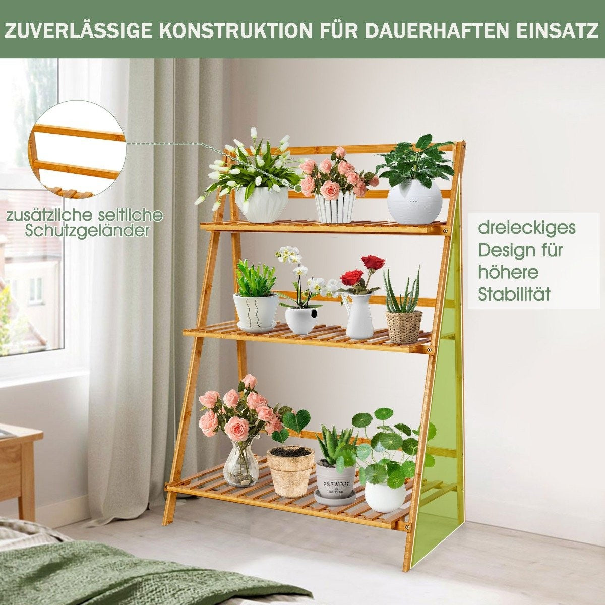 Collapsible plant stand made of bamboo 3-tier ladder shelf 70 x 38 x 95.5 cm natural