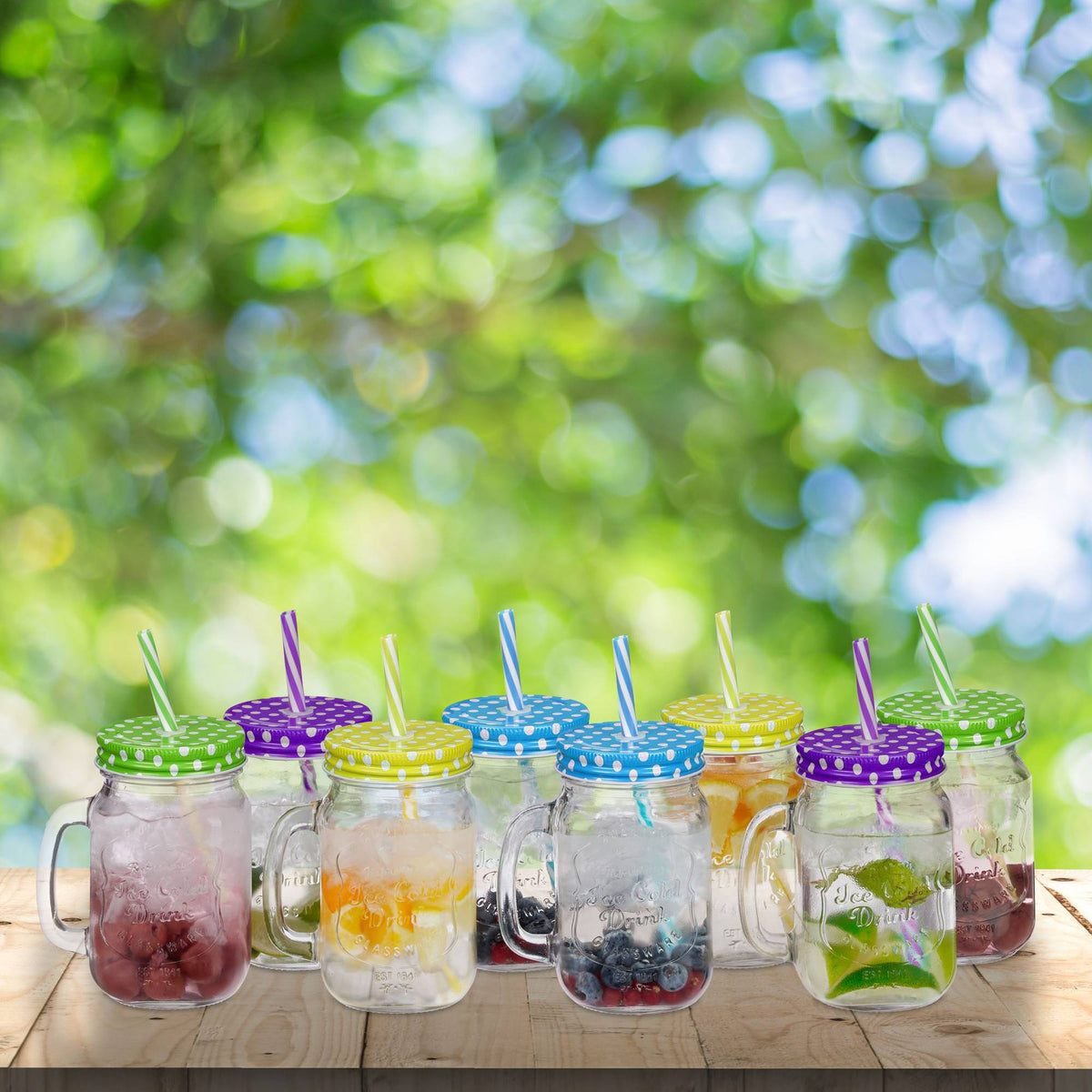 Colorful drinking glasses with lids - set of 8