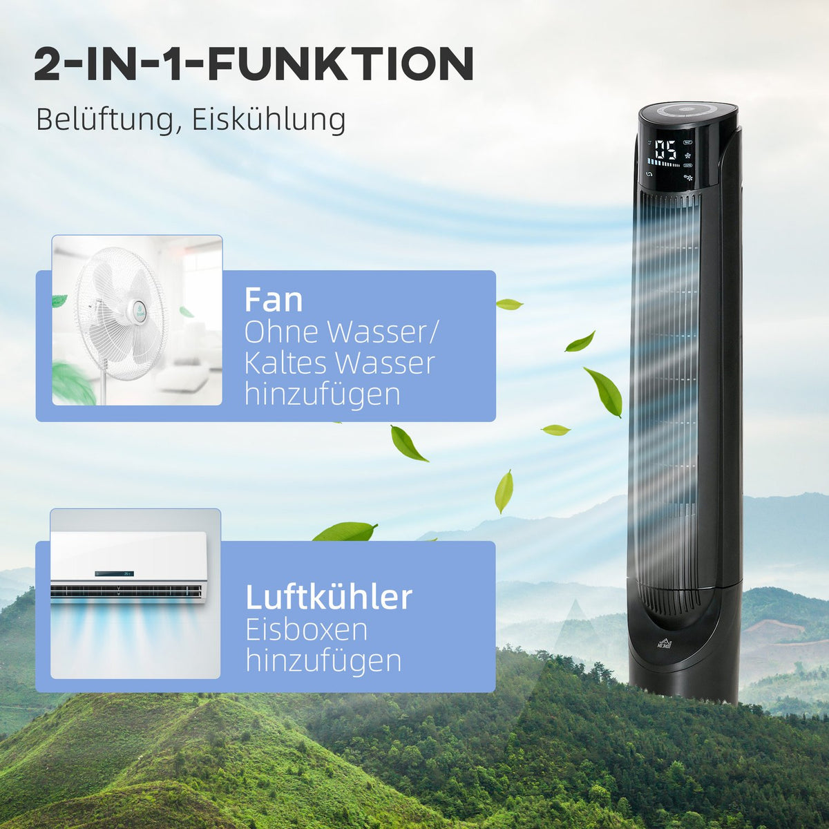 Column Fan Tower Fan Air Cooler 2-in-1 - 4 Modes 3 Speeds, Remote Control, Timer, Swivel - Black
